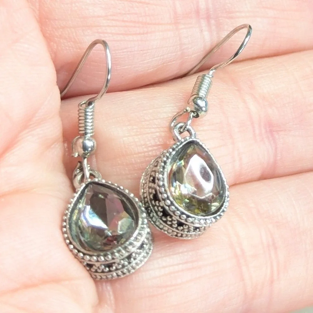 Teardrop Dangle Earrings Silver Tone Iridescent Boho Filigree Tear Drop Mystical